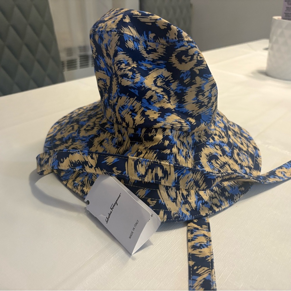 Salvatore Ferragamo Blue and Gold Patterned Hat